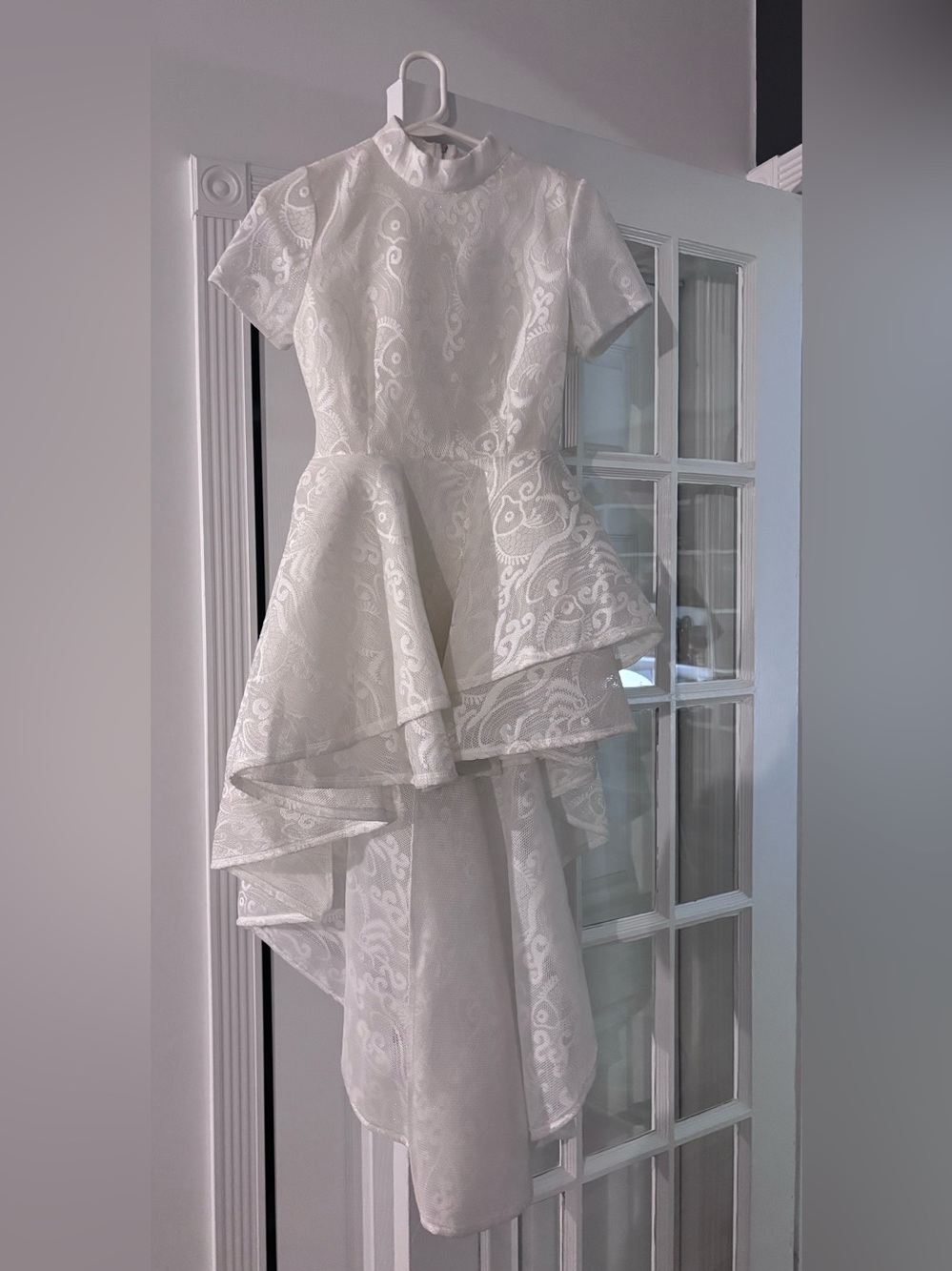 CQbyCQ White Asymmetrical High Low Dress with High Neck, Formal, Bridal, Size S